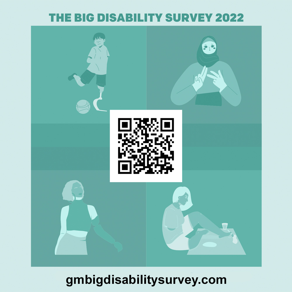 Green graphic drawings in a square, divided into four quarter with a drawing of a disabled person in each square. A child with a prosthetic leg playing football,  a Deaf person in hijab signing, a physically impaired person sat at a picnic using their legs, a figure with a prosthetic arm. In the centre is a QR code which takes you to the link which is also written at the bottom gmbigdisabilitysurvey.com
