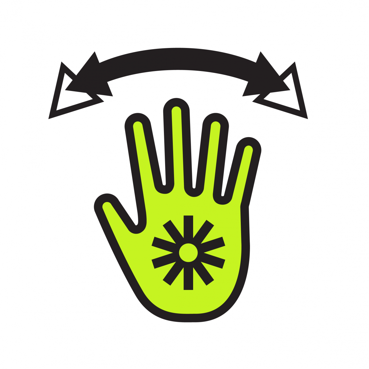 illustration of an open green hand with the GMCDP logo, ten thick black "spokes" radiating from a hollow inner circle. Above the harnd is a double ended arrow signifying movement, as in "hello"