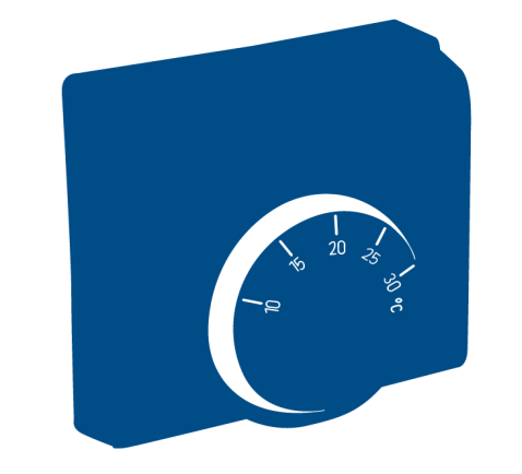 A blue outline image of a heating thermostat.