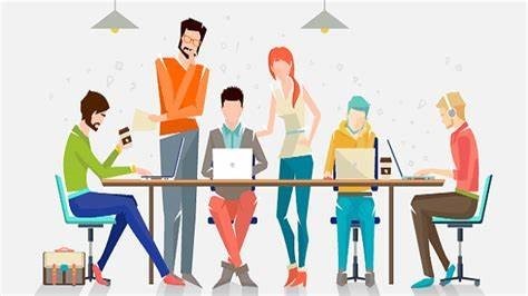 A cartoon image of a workplace. From left to right: A guy drinking coffee, a guy pondering over his team, a guy sitting on his laptop, a lady checking his work, 2 guys sat adjacent to each other on laptops