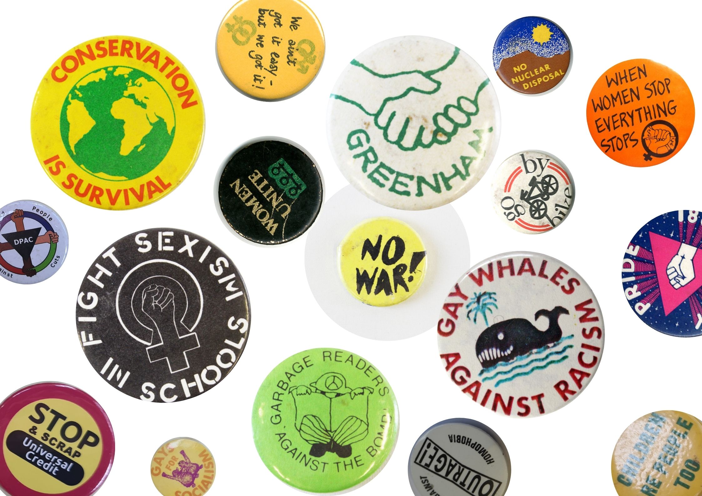 A selection of protest badges - courtesy of People’s History Museum