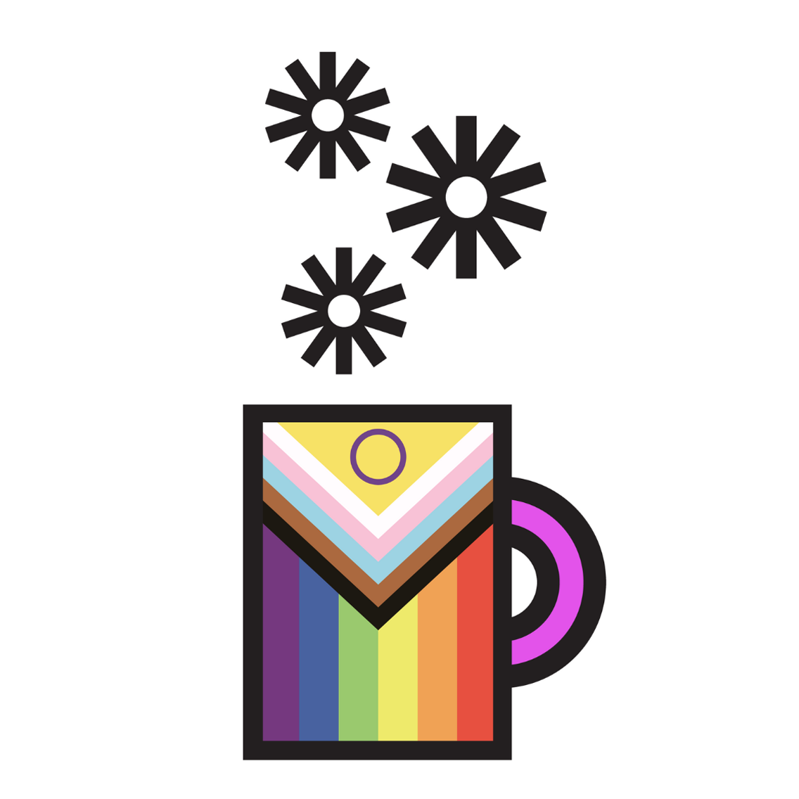 Coffee mug coloured with the progress pride flag, evaporating GMCDP spokes