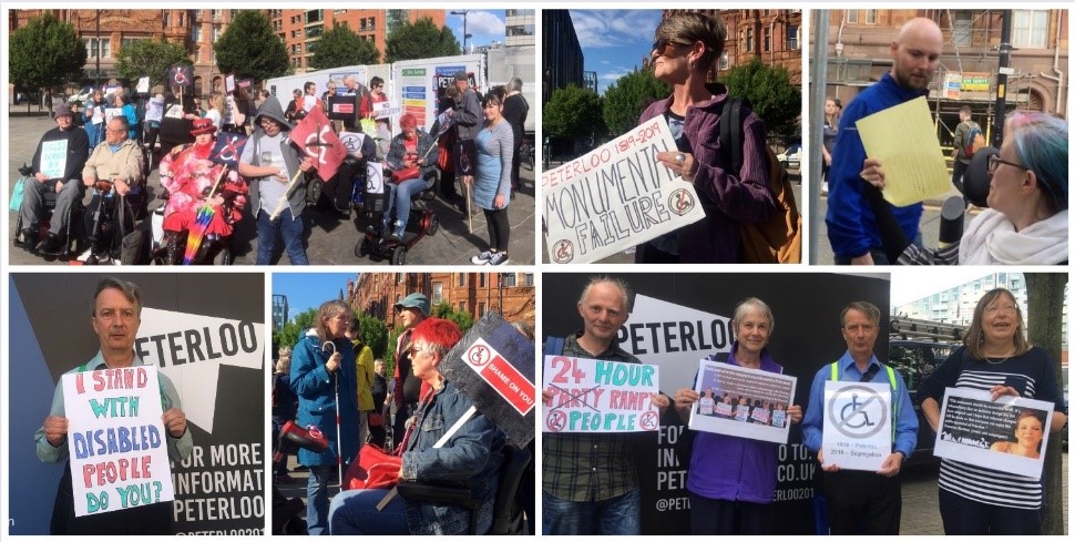 montage of photos of people protesting about the inaccessible Peterloo memorial monument