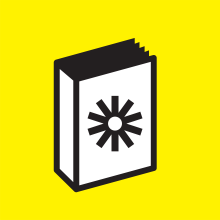 Illustration of a book with the GMCDP motif. White and black on bright yellow